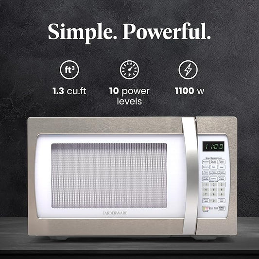 Farberware 1.3 Cu. Ft. Countertop Microwave Oven – 1100 Watts Power, Smart Sensor Auto Cook Settings, Defrost, Easy Clean and Child Safety Lock - White Platinum