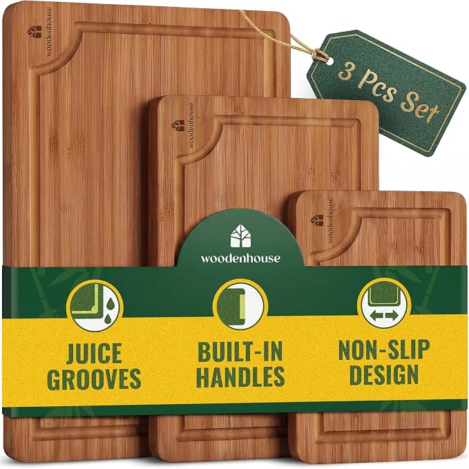 Wooden Cutting Board Set of 3 – Bamboo Wood Cutting Boards for Kitchen | with Deep Juice Grooves & Built-In Handles – Large, Non-Toxic, Easy to Clean Chopping Boards for Meat, Vegetables & Fruits