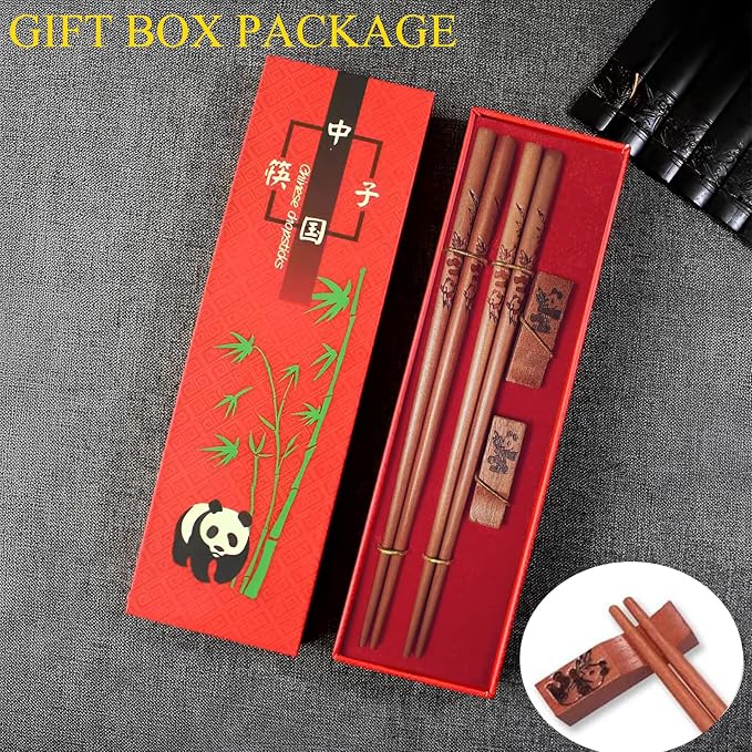 Natural Wooden Chopsticks Gift Set with Panda Holder, 2 Pairs | Reusable, Good Idea for Wedding, Gift Set for Anniversary, Gift Set for Birthday