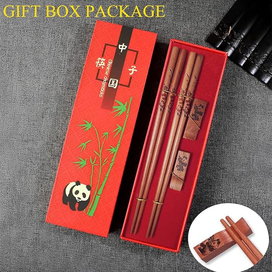Natural Wooden Chopsticks Gift Set with Panda Holder, 2 Pairs | Reusable, Good Idea for Wedding, Gift Set for Anniversary, Gift Set for Birthday