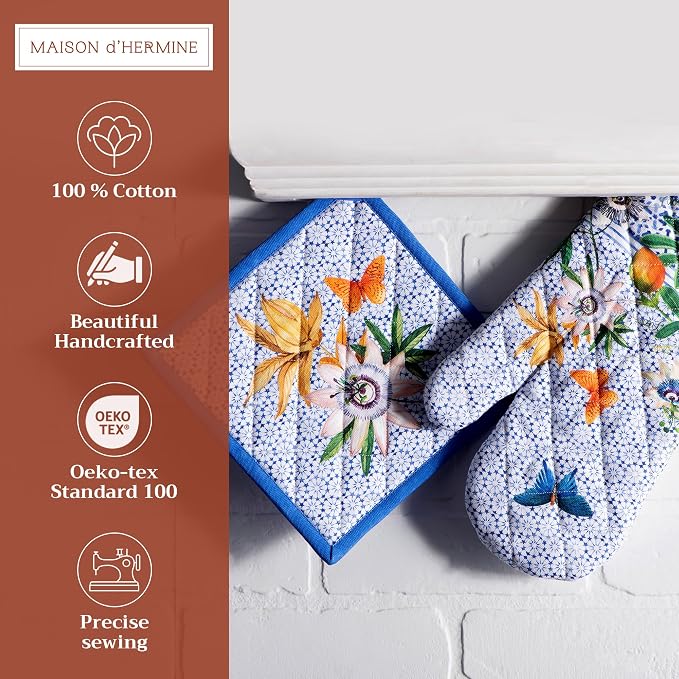 Maison d' Hermine 100% Cotton Oven Mitt & Pot Holder Set (7.5"x13" & 8"x8") | Heat Resistant BBQ Cooking Gloves with Loop Baking Grilling Kitchen Hotel Home Farmhouse Spring Summer - Passiflora