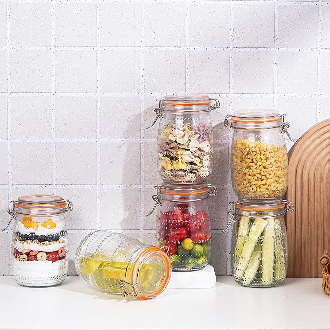 32 Oz Glass Mason Jars with Airtight Lids 6 Pack, Wide Mouth Canning Jars with Clip Top Lids for Kitchen Storage Pickling Salad Jams Coffee Beans