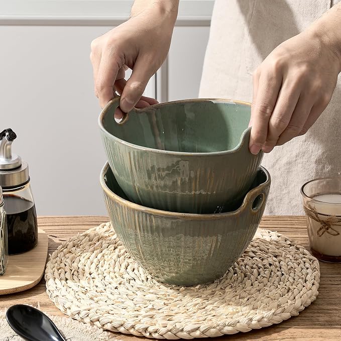 Ramen Bowl with Chopsticks and Spoons Set, 7 Inch Ceramic Noodle Bowl Set of 2, Donburi Bowl Dishwasher Safe for Pho Udon Soba Noodle Salad Pasta, Special Wild Sage Earth Bowls Set