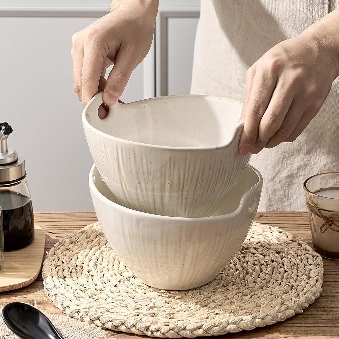 Ramen Bowl with Chopsticks and Spoons Set, 7 Inch Ceramic Noodle Bowl Set of 2, Donburi Bowl Dishwasher Safe for Pho Udon Soba Noodle Salad Pasta, Special Aged Ivory Speckle Bowls Set