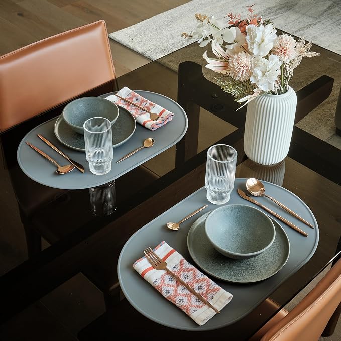 LINE+ARC Oval Silicone Degrē Placemats, Rose (20.5"x13", Set of 2) | Modern dining table mats with 3mm raised spill rim, waterproof, heat-safe, stain-resistant, non-slip design, pink
