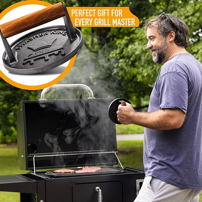 SMASHER KING™ - Smash Burger Press - Cast Iron Burger Smasher | Hamburger Patty Maker - Smash Burger Kit With 25 Sheets Of Paper - Grill Press And Steak Weight And Heavy Meat Smasher