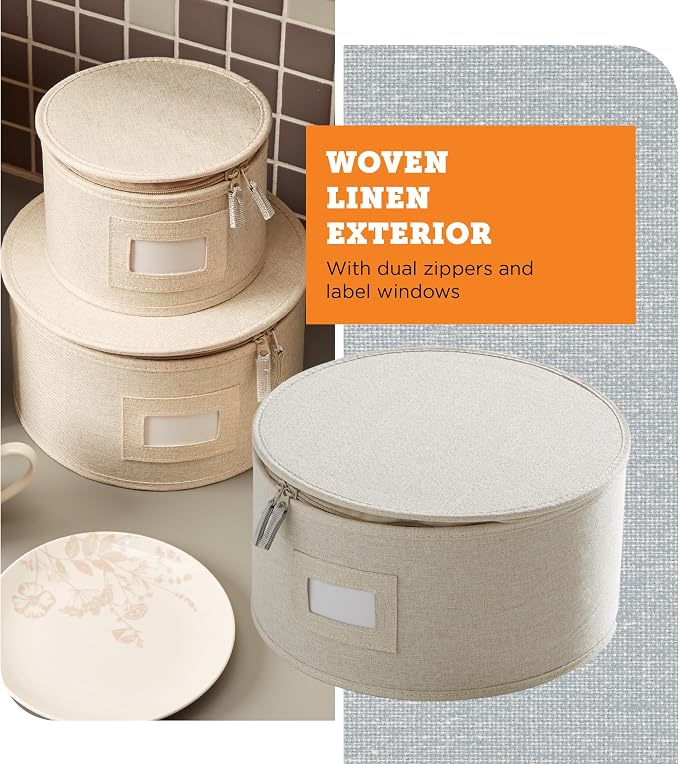 storageLAB 4-Piece China Plate Storage Set | Hard Shell Dividers | Cream | 4 hard shell plate cases - dinner, salad, dessert & saucer, 12 plates each. Felt dividers, stackable. Cream finish.