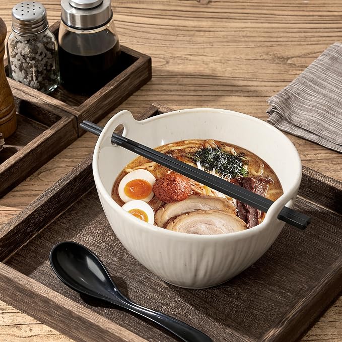 Ramen Bowl with Chopsticks and Spoons Set, 7 Inch Ceramic Noodle Bowl Set of 2, Donburi Bowl Dishwasher Safe for Pho Udon Soba Noodle Salad Pasta, Special Aged Ivory Speckle Bowls Set
