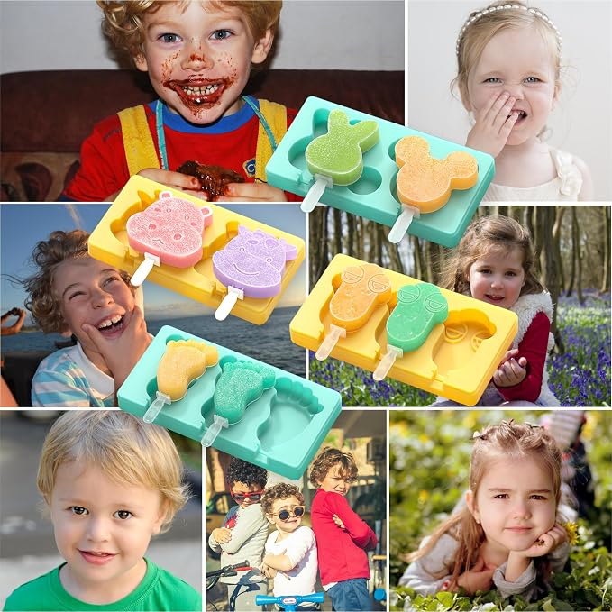 Kids Cartoon Popsicle Molds - 4 Pack, 10-Cavity Food-Grade Silicone Ice Pop Cream Molds, with Reusable Sticks, Non-Stick Flat Design, Easy Release, Stackable for Space Saving