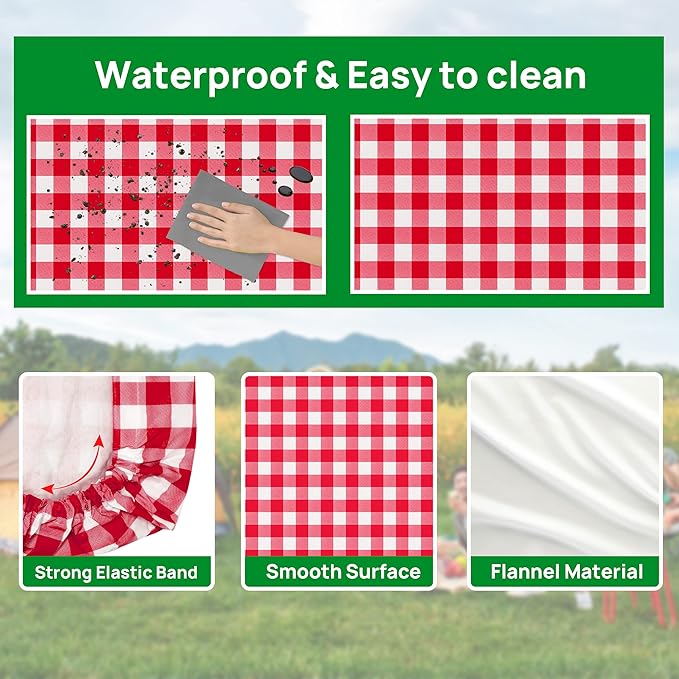Vinyl Fitted Picnic Table Cover with Bench Covers & Bag 6ft Red Checkered | Vinyl Fitted Picnic Table Cover with Bench Covers and Bag, Outdoor Waterproof Windproof Picnic Tablecloth with Elastic Edges.