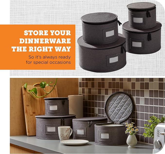 storageLAB 4-Piece Quilted China Plate Storage Set | Felt Dividers | Gray | 4-piece quilted plate set - dinner, salad, dessert & saucer cases, 12 plates each. Felt dividers, dual zippers.