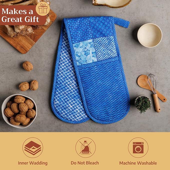 Maison d' Hermine Double Oven Mitts 100% Cotton Double Oven Glove (7"x35") | Heat Resistant BBQ Cooking Gloves with Loop Baking Grilling Kitchen Hotel Home Farmhouse Spring Summer - Indigo Love