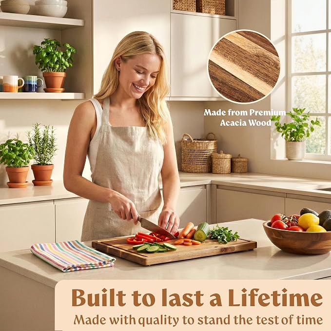 Acacia Wood Cutting Boards for Kitchen Set of 3, Juice Groove | Non Toxic Wooden Chopping Boards, Knife Friendly, Large Kitchen Boards for Meat, Cheese, Charcuterie & Serving