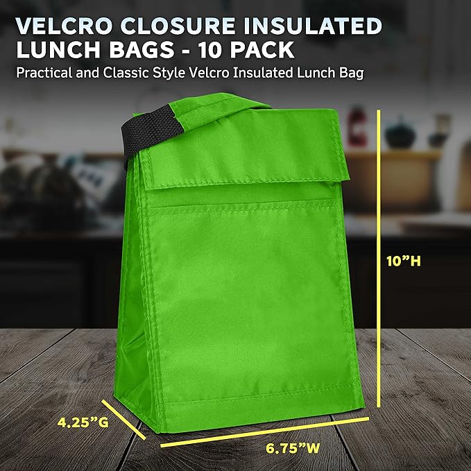 DISCOUNT PROMOS 10 Hook and Loop Insulated Lunch Bags Set - Polyester, Durable, Vibrant, Reusable - Green