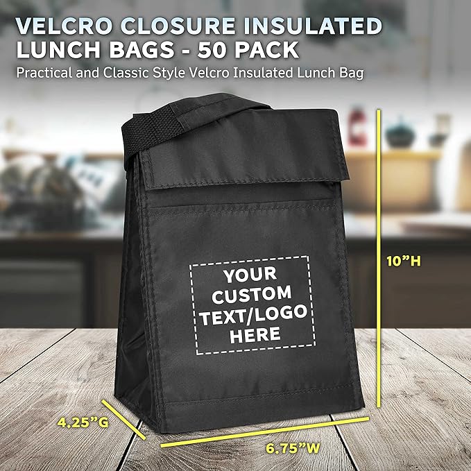 DISCOUNT PROMOS 50 Hook and Loop Insulated Lunch Bags Set - Customizable Text, Logo - Polyester, Durable, Vibrant, Reusable - Black
