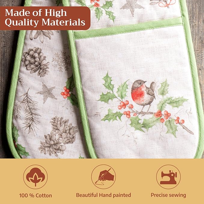 Maison d' Hermine Double Oven Mitts 100% Cotton Double Oven Glove (7"x35") | Heat Resistant BBQ Cooking Gloves with Loop Baking Kitchen Home Hotel Farmhouse Thanksgiving Christmas - Christmas Dew