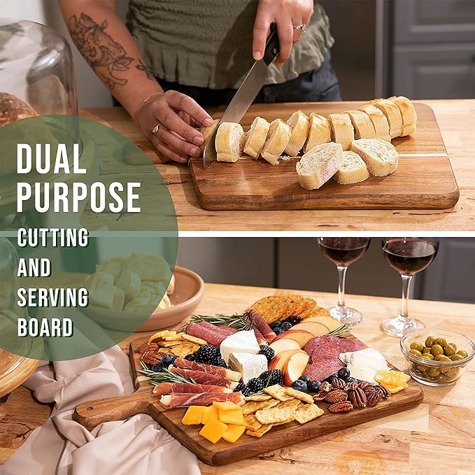Acacia Wood Cutting Board and Chopping Board with Handle for Meat, Cheese Board, Vegetables, Bread, and Charcuterie - Decorative Wooden Serving Board for Kitchen and Dining Room, Large 17" x 13"