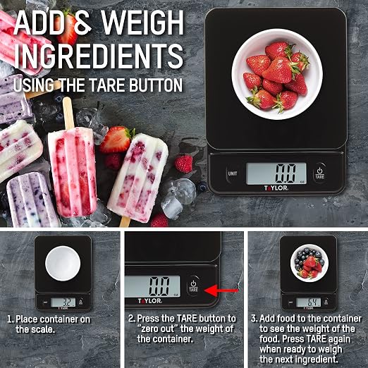 Taylor Glass Top Food Scale with Touch Controls, 11 lb Capacity, Sleek Black Design for Precision Food Measurement in Grams and Ounces
