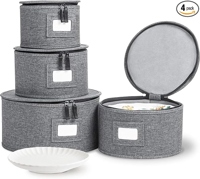 storageLAB 4-Piece China Plate Storage Set | Hard Shell Dividers | Gray | 4 hard shell plate cases - dinner, salad, dessert & saucer, 12 plates each, 48 total. Felt dividers, stackable.