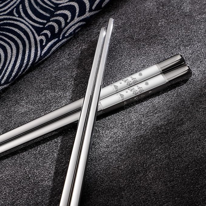 Metal Chopsticks Reusable 2 Pairs Titanium Plated 18/8 Stainless Steel Chopsticks with Holder, Dishwasher Safe Non-Slip Japanese Style Laser Engraved Chop Sticks Gift Set (Silver)