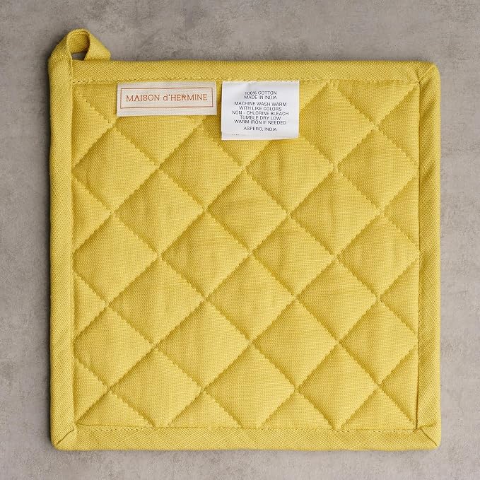 Maison d' Hermine Pot Holders 100% Cotton Potholders (8" x 8", Pack of 2) | Heat Resistant Hot Pads with Loop BBQ Cooking Baking Farmhouse Kitchen Handling Hot Pans Spring Summer - Limoncello