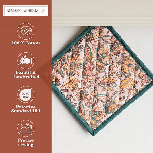 Maison d' Hermine Pot Holders 100% Cotton Potholders (8" x 8", Pack of 1) | Heat Resistant Hot Pads with Loop BBQ Cooking Baking Hotel Kitchen Handling Hot Pans Thanksgiving Christmas - Nila