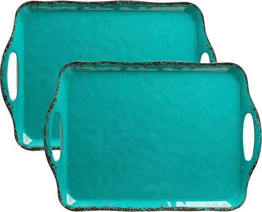 LEHAHA Large Farmhouse Melamine Serving Platters, Serving Tray with Handle for Food, Appetizer, Cupcakes, Dessert, Raised Edge Large Party Platter or TV Dinner Trays, 17.25x12 inch, Set of 2, Teal