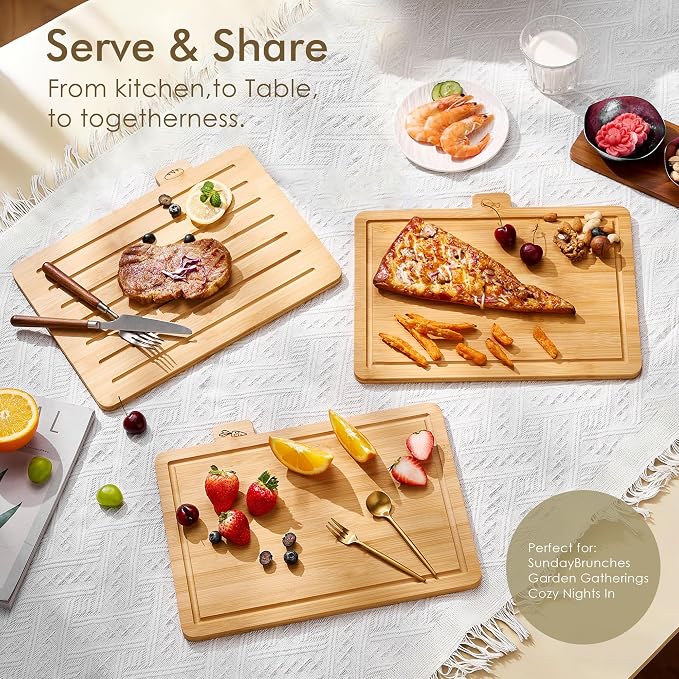 Bamboo Cutting Boards for Kitchen Set of 3, Large 14’’ x 10’’ with Holder, Wooden Cutting Board with Juice Groove & Labels for Meat Vegetables Bread