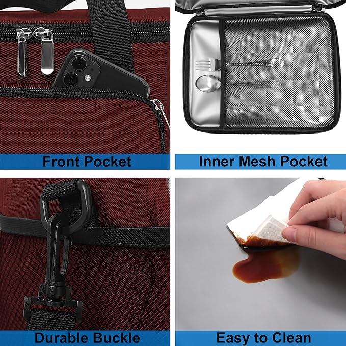 Lunch Bags for Women/Men, Insulated Lunch Bag for Work Office Picnic - Lunch Cooler Bag Leakproof Lunch Box with Adjustable Shoulder Strap - Red
