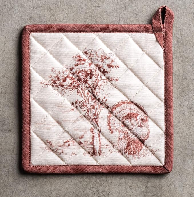 Maison d' Hermine Pot Holders 100% Cotton Potholders (8" x 8", Pack of 2) | Heat Resistant Hot Pads with Loop BBQ Cooking Baking Kitchen Handling Hot Pans Thanksgiving Christmas - Holy Jouy - Brown