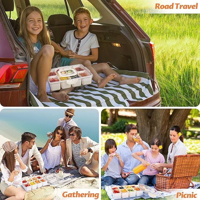 2Pack Snackle Box Containers Dishwasher Safe Divided Serving Tray with Lid | Charcuterie Board for Portable Snack Platters, Clear Organizer with Handle for Fruits Snacks, Perfect for Road Travel