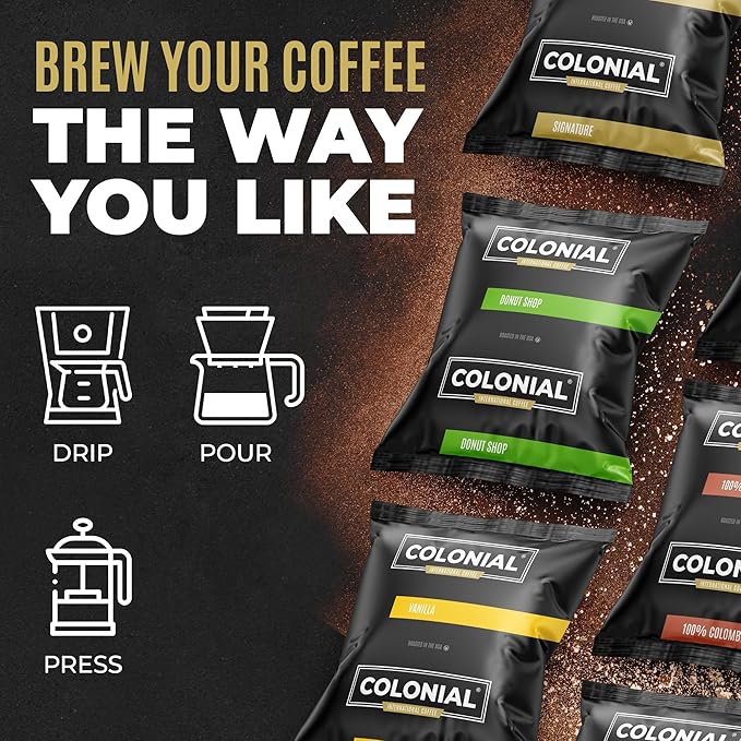 Colonial Coffee 12 Count Single Pot Coffee Packets – 100% Arabica Colombian, Medium Roast | Pre-Measured Frac Packs for 12 Cup Maker | Bulk Ground Gourmet Coffee for Home & Office