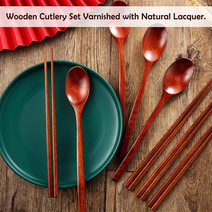 Wooden Spoon and Chopsticks Set Long Handle Spoon Chopstick Flatware Reusable Tableware Combination Utensils for Eating Food, 9.3 Inch (8)