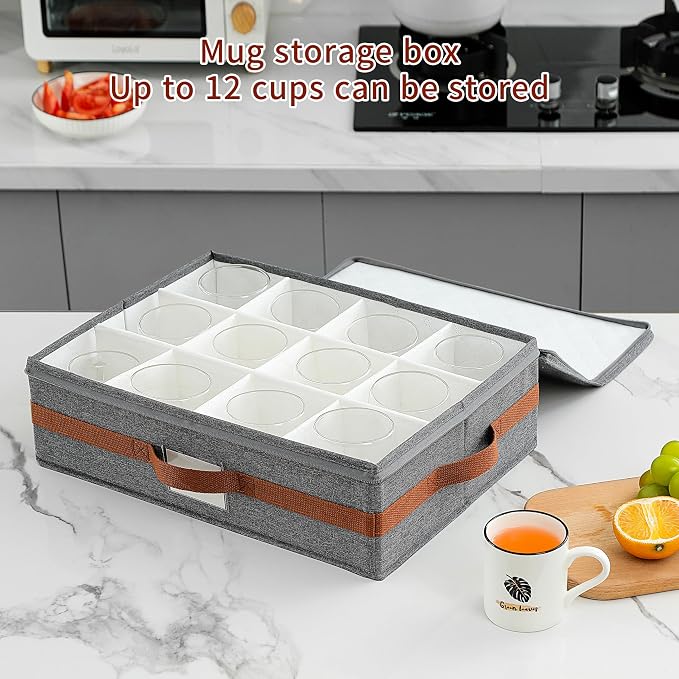 Mug Storage Box with Divider, Tea Cup and Coffee Mug Storage Container with Zipper Cover and Reinforced Handle, Hard Shell, Stackable, Foldable (Grey Red, 2 Sets)