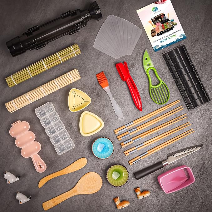 FUNGYAND Sushi Making Kit, 27-in-1 Complete Sushi Set | with Bazooka Roller, Nigiri & Musubi Presses, Bamboo Mats, Knife, Cutting Mold, Ceramic Dishes