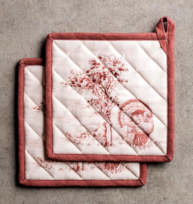 Maison d' Hermine Pot Holders 100% Cotton Potholders (8" x 8", Pack of 2) | Heat Resistant Hot Pads with Loop BBQ Cooking Baking Kitchen Handling Hot Pans Thanksgiving Christmas - Holy Jouy - Brown