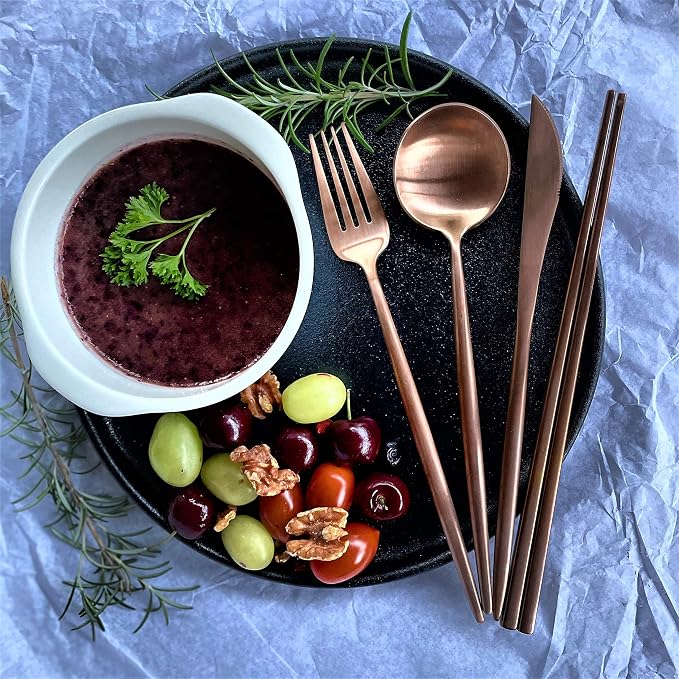 Matte Copper Flatwqare Set Korean Chopsticks - 16-piece KiiZYs Kitchen Utensil Set Stainless Steel Silverware - Modern Dinnerware Spoon Fork Knife Cutlery Housewarming Gift Box (Matte Copper, 4 Sets)