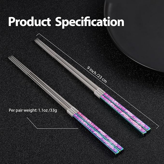 Phoenix Chopsticks Metal Reusable Designed In Korea Japanese Style Stainless Steel 316 18/10 Non-Slip Dishwasher Safe Laser Etched (Rainbow - 5 Pairs)