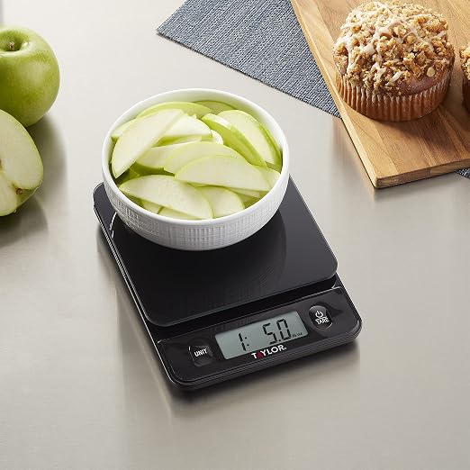Taylor Glass Top Food Scale with Touch Controls, 11 lb Capacity, Sleek Black Design for Precision Food Measurement in Grams and Ounces