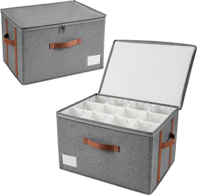 Stemware Storage Cases,Wine Glass Storage Box,with Dividers,Holds 12 Red or White Wine Glasses, Durable Glassware Storage Containers for Crystal or Stemware (Grey red, 2 Stemware storage cases)
