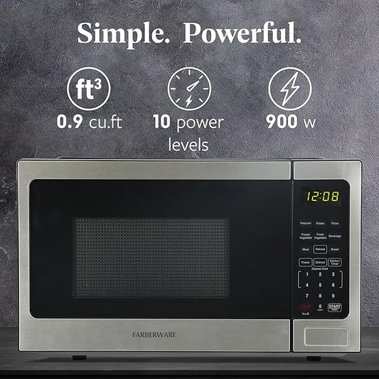 Farberware 0.9 Cu. Ft. Countertop Microwave Oven – 900 Watts Power, Auto Cook Settings, Defrost, Easy Clean and Child Safety Lock-Stainless, Stainless Steel