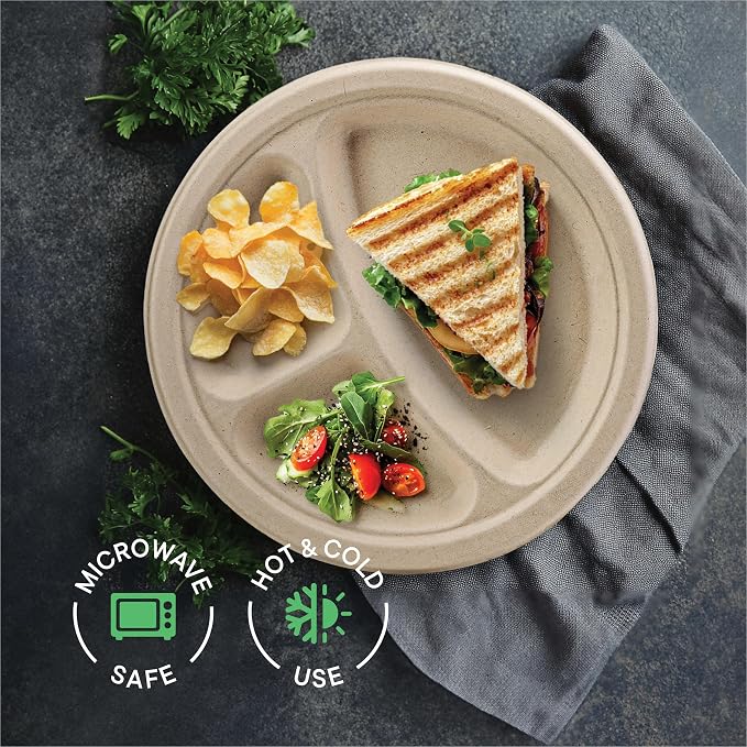 100% Compostable, 3 Compartment, Disposable Paper Plates [125-Pack] - {PFAS Free} - {BPA Certified} - [9 Inch] Heavy Duty Biodegradable Bagasse Sectional Lunch Trays + Dividers - Divided Platte Tray | Eco-Friendly Biodegradable 3-Compartment Lunch Tray...