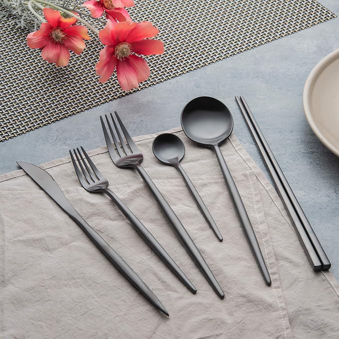 KiiZYs Matte Black Flatware Set - 14-piece Modern Silverware Set Stainless Steel Utensils - Metal Chopsticks Kitchen Cutlery Fork Spoon Knife - Dishwasher Safe House Warming Gift Box (Black, 2 Sets)