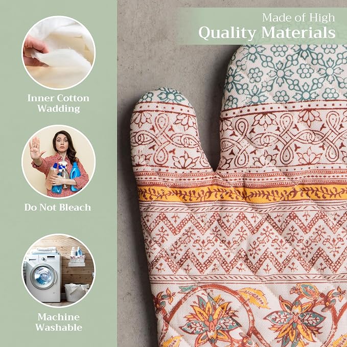 Maison d'Hermine Oven Gloves 100% Cotton Oven Mitt (7" x 13", Pack of 1) | With Loop Heat Resistant BBQ Cooking Gloves Baking Kitchen Handling Hot Pans Thanksgiving Christmas - Nila