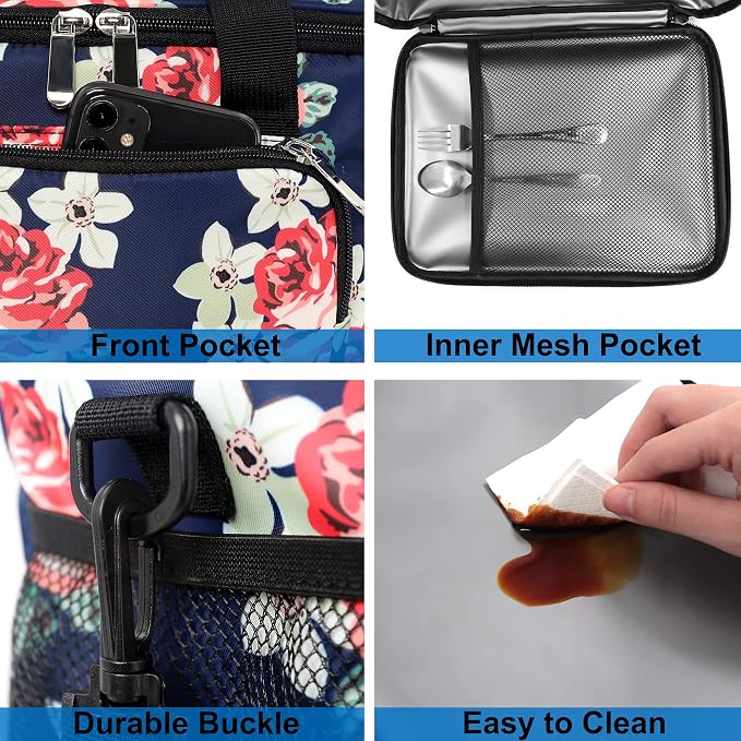 Lunch Bags for Women/Men, Insulated Lunch Bag for Work Office Picnic - Large Lunch Cooler Bag Leakproof Lunch Box with Adjustable Shoulder Strap for Adults - Floral