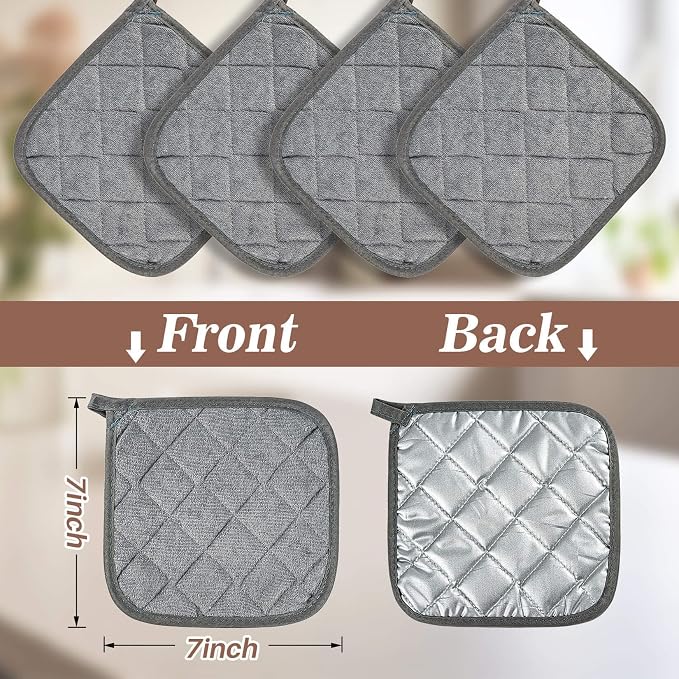 MAQIHAN Pot Holders for Kitchen - 4 PCS Cotton Pot Holder Set Hot Pads for Kitchen and Dining Essentials Decor and Accessories Gray 7 Inch Terry Cloth for Oven Cooking Baking Pans