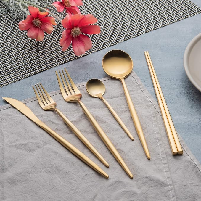 KiiZYs Matte Gold Silverware Set Cutlery Set - 14-piece 18/10 Stainless Steel Flatware Utensil Set - Korean Chopsticks Fork Spoon Knife - Reusable Dishwasher Safe - Gift Box (Gold, Service for 2)