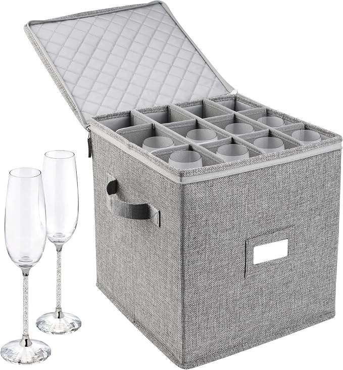 LotFancy Champagne Flute Storage Container, Hard Shell, Stackable, 12" Tall Wine Glass Storage Box with Dividers & Handles, Stemware, Crystal Glassware, Drinkware Case for Moving, Grey