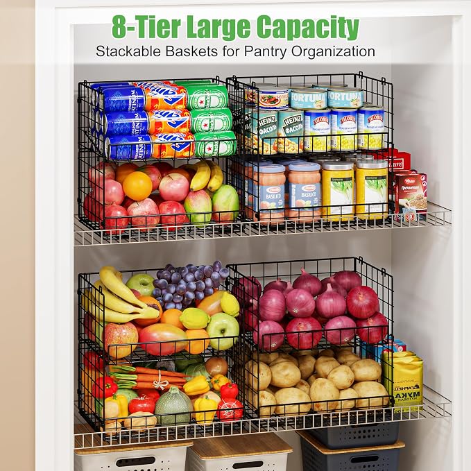 JKsmart 8-Tier XXL Stackable Wire Basket, Pantry Organizers and Storage | Stackable Storage Bins with Dividers & Handles for Pantry Kitchen & Snacks Fruits Veggies & Can Organizer