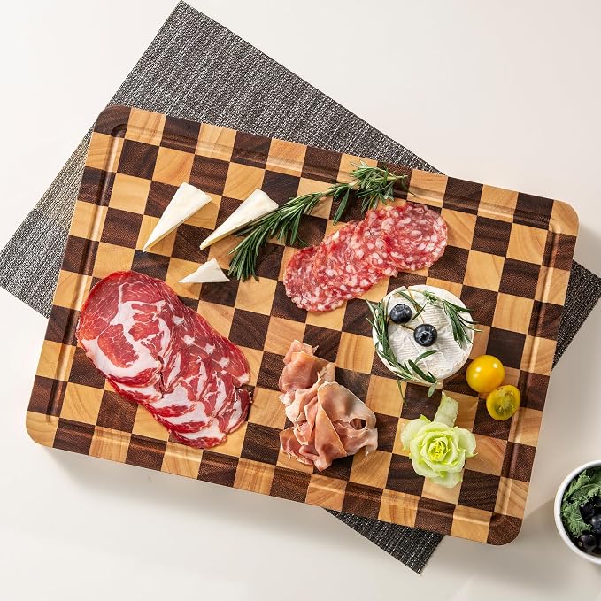 Wooden Cutting Boards for Kitchen, 1.2" Checkered Cutting Board | 17" x 12" Walnut Chopping Board with Juice Grooves & Handles, Double-sided Butcher Block for Prep & Serving with Gift Box